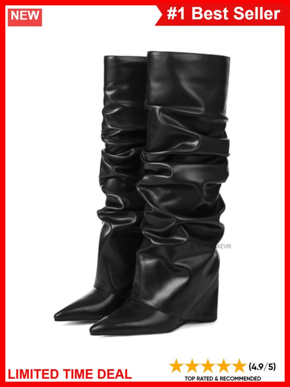 Womens Fold Over Knee High Boots Slouch Wide Calf Faux Leather Pointed Toe